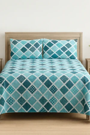 Blue & Teal Diamond Printed Cotton Satin Bedsheet – King Size UK