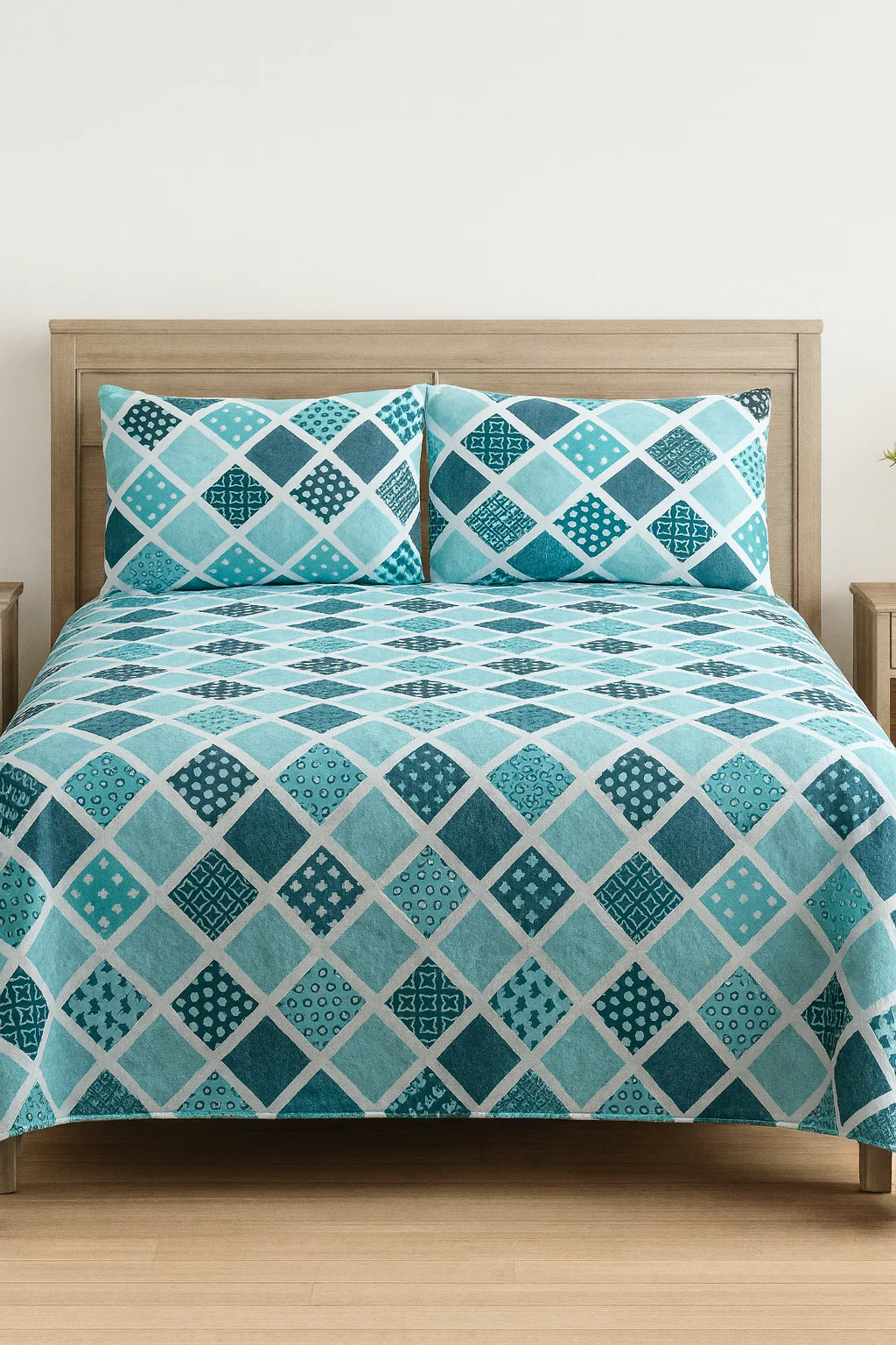 Blue & Teal Diamond Printed Cotton Satin Bedsheet – King Size UK