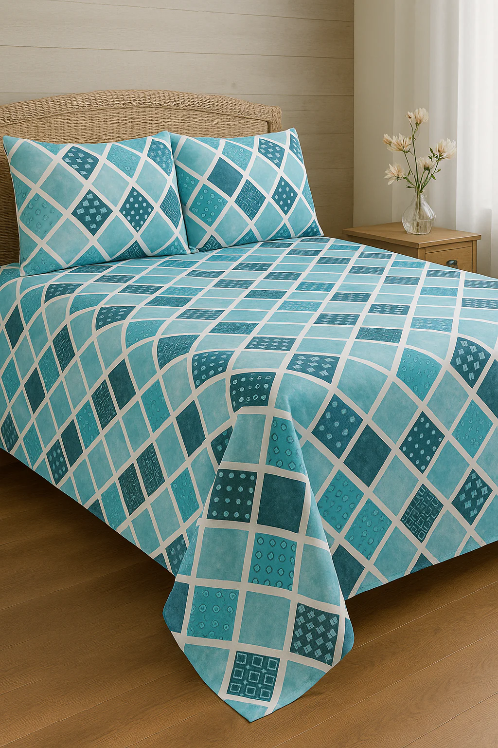 Blue & Teal Diamond Printed Cotton Satin Bedsheet – King Size UK - Image 4