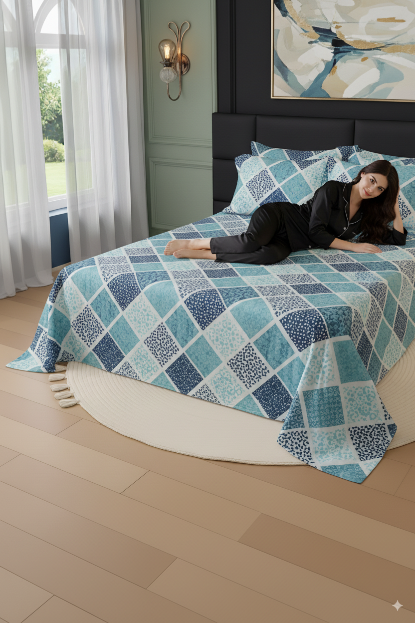 Blue & Teal Diamond Printed Cotton Satin Bedsheet – King Size UK - Image 5