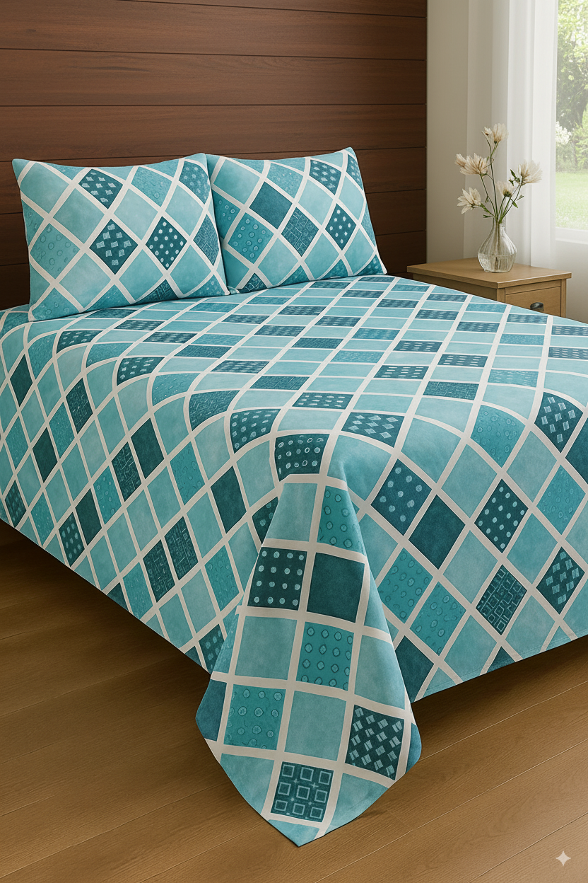 Blue & Teal Diamond Printed Cotton Satin Bedsheet – King Size UK - Image 6