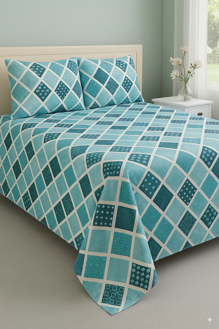 Blue & Teal Diamond Printed Cotton Satin Bedsheet – King Size UK - Image 2
