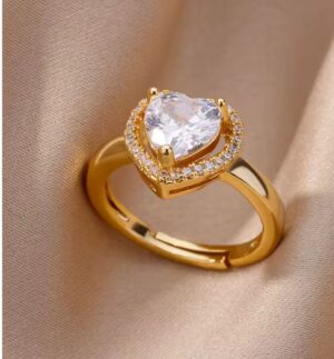 Gold Plated Heart Ring with Zircon – Adjustable Stainless Steel Ring for Women