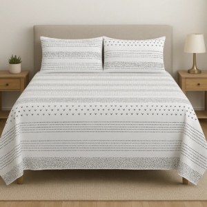 White Printed Dotted & Lining Cotton Satin Bedsheet – King Size UK