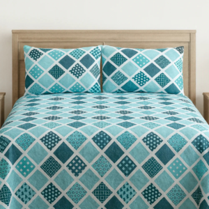 Blue & Teal Diamond Printed Cotton Satin Bedsheet – King Size UK