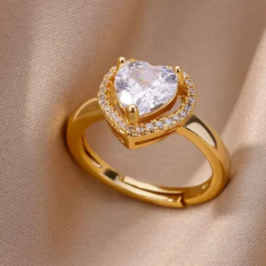 Gold Plated Heart Ring with Zircon – Adjustable Stainless Steel Ring for Women